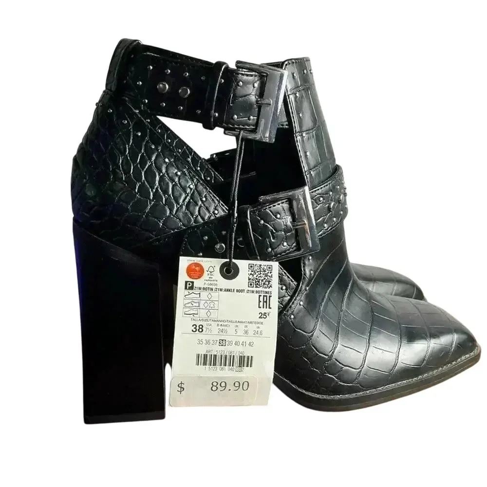 ZARA Black Croc Embossed Studded Buckle Ankle Boots Block Heel Size 38 (US 7.5)